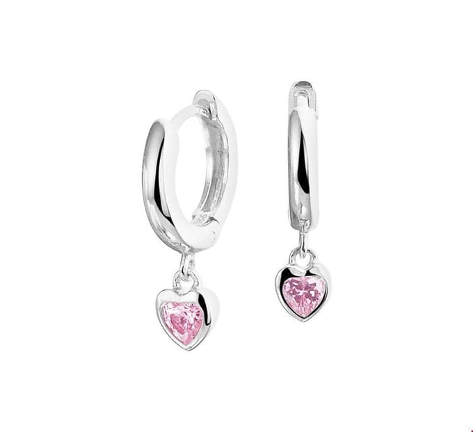 Zilver Gerhodineerde klapoorring hart roze zirkonia