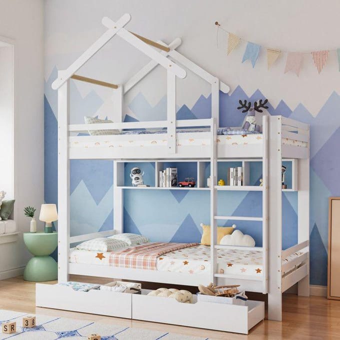 Stapelbed - MUVOE - 90x200cm - Wit - Met lades en planken - Veilig voor kinderen wit