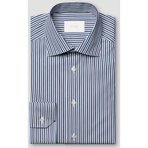 Eton Overhemd Duo Stripe Pattern Luxury Organic Supima Cotton 120 Poplin Donker Blauw / male