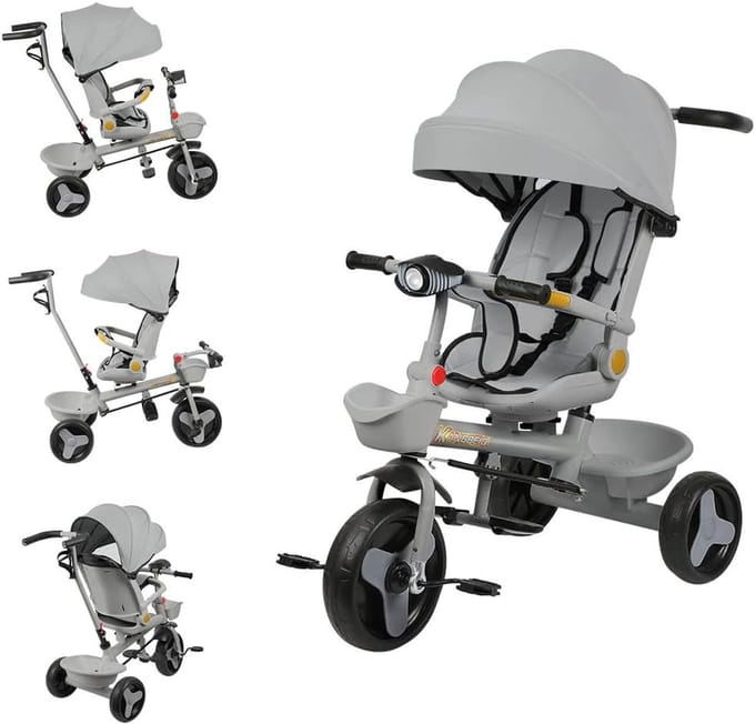 Kinderdriewieler - Loopfiets Pram - Veilig Buiten Spelen - Multifunctioneel Verstelbaar - 19 Maanden+ - Grijs