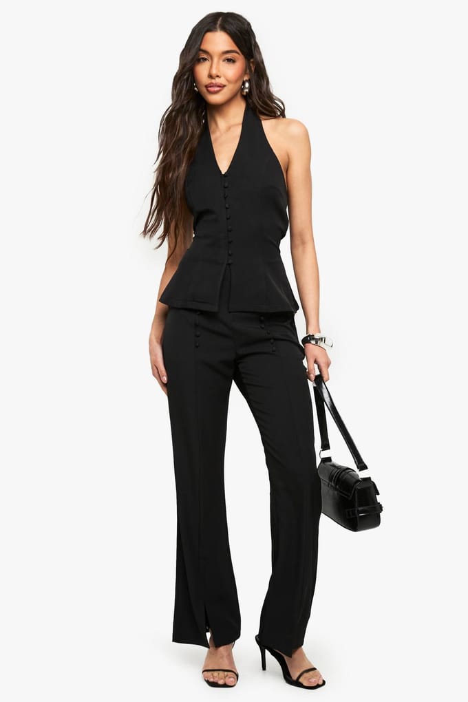 boohoo Dames Button Detail Slim Flare Trouser | Zwart | Maat: 34