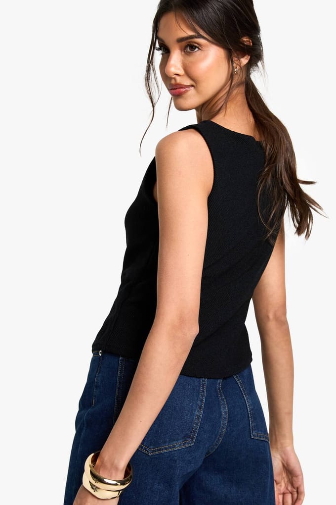 boohoo Dames Textured Button Through Waistcoat | Black | Maat: 12