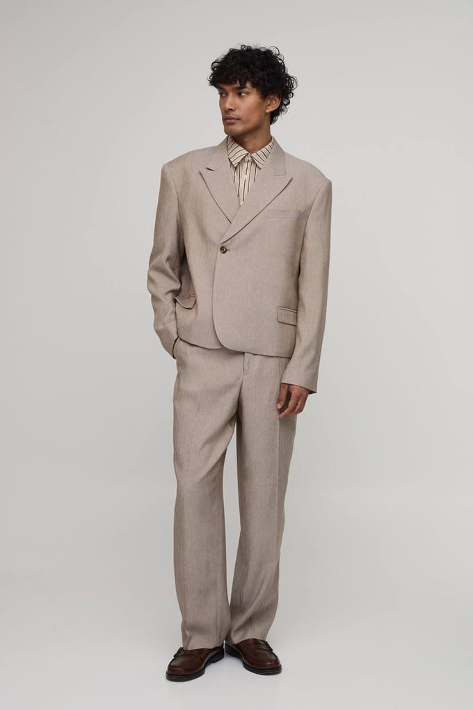 Oversized Boxy Visgraat Blazer Met Enkele Knoopsluiting | Taupe | Size 36
