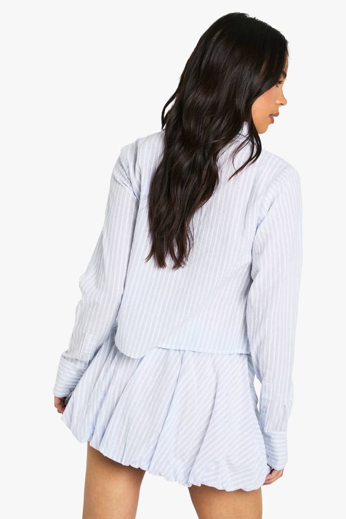 boohoo Dames Katoenen streep puffball minirok met elastische taille | Blue | Maat: 16