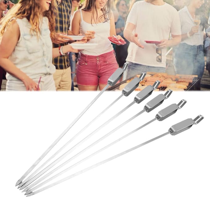 6 STuks Lange BBQ Barbecue Schuifbare Grill Kook RVS Kebab Platte Spiesjes gray