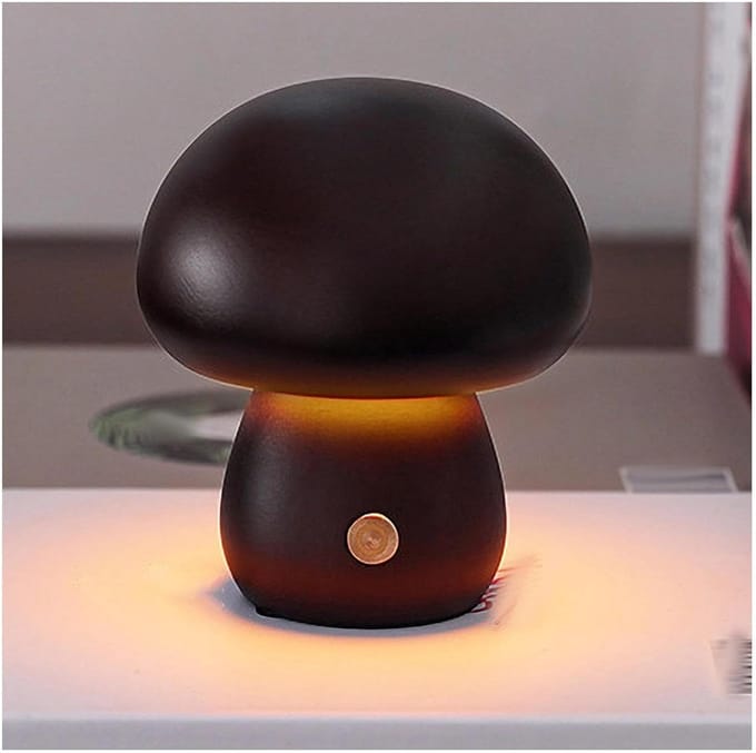 Houten Paddestoel Lamp - Draagbare Mini Lamp - Sfeerverlichting Thuis - Traploos Dimbaar - 10.9x9 Cm - Walnoot