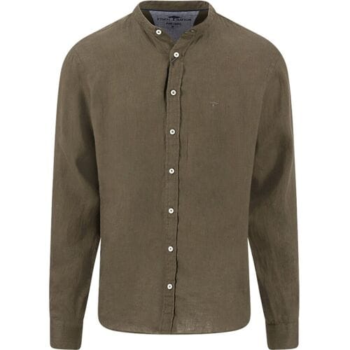 Fynch-Hatton Overhemd Solid Color Premium Linnen Stand-Up Collar Donker Khaki / male