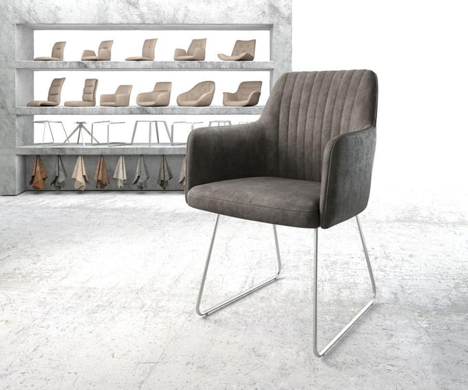 Gestoffeerde-stoel Greg-Flex slipframe roestvrij staal microvelours antraciet vintage pocketveer kern