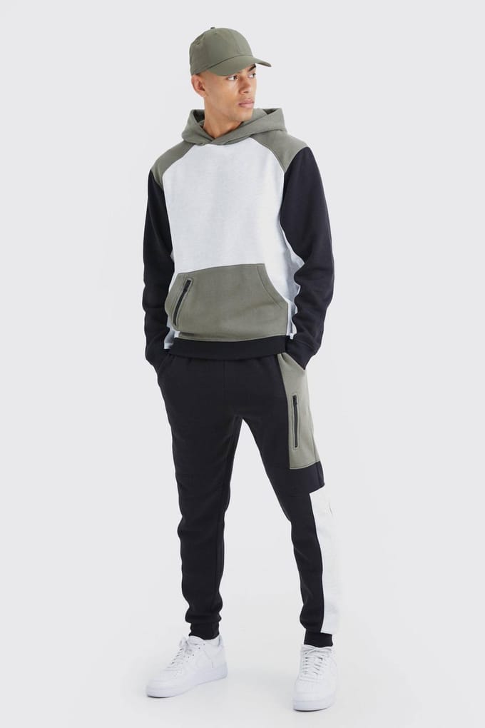 Regular Fit Raglan Kleurblok Trainingspak met capuchon | Khaki | Size Medium