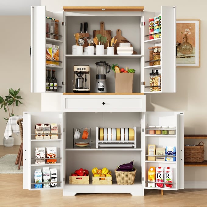 Buffetkast - 80 x 40 x 180 cm - Keukenkast met 12 Deurvakken en Laden - MDF/Spaanplaat - Wit