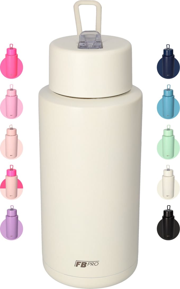 Thermosfles, Waterfles, Drinkfles – Modern & Slank Design – 1000 ml – Wit – Met Uitklapbare Drinktuit