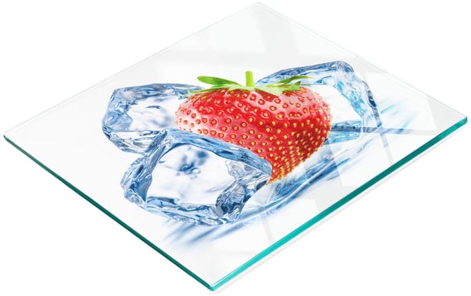 Keukenplank van gehard glas met afbeelding van aardbeien en ijs, 60x52 cm