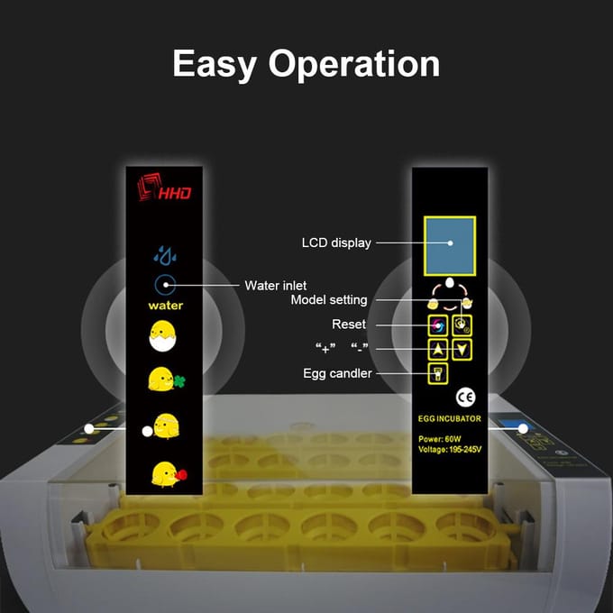 Incubateur de 24 œufs avec rotation automatique des œufs, contrôle de l'humidité et lumière de bougie d'œufs, EU Plug yellow