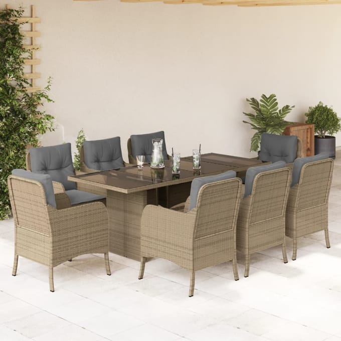 vidaXL - 9-delige - Tuinset - met - kussens - poly - rattan - beige