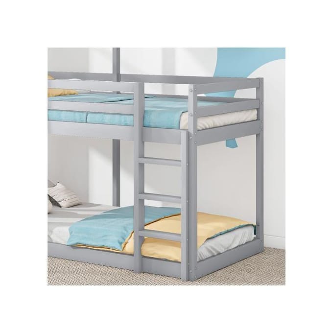 Stapelbed - MUVOE - 90x200 cm - Massief hout - Grijs - Met ladder en hemel grijs