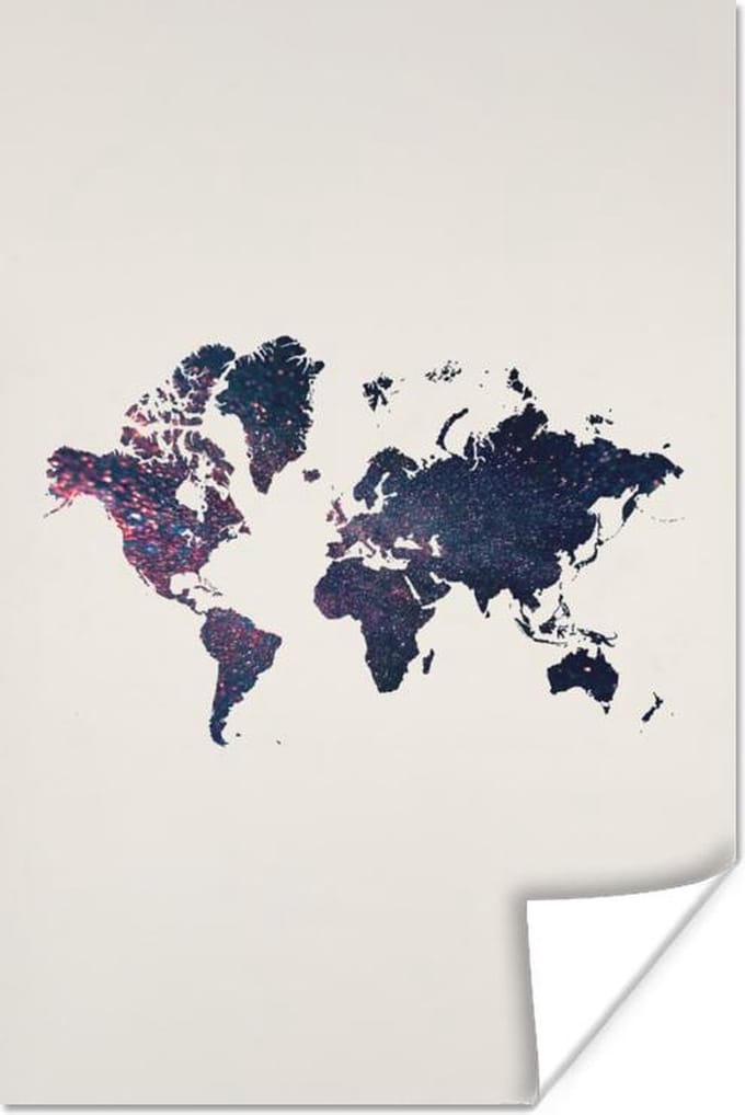 Poster - Wereldkaart - Glitter - Blauw - Roze - 80x120 cm