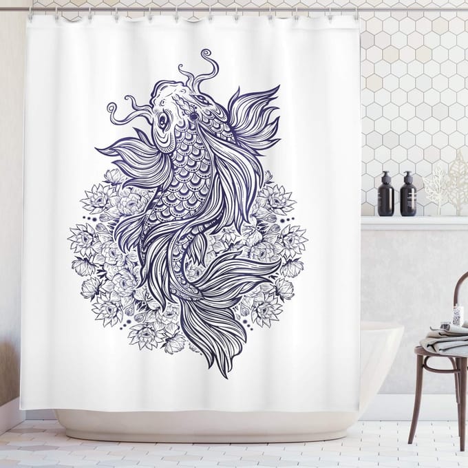 ABAKUHAUS Koi-vis douchegordijn – Indigo/Wit – 175x240 cm