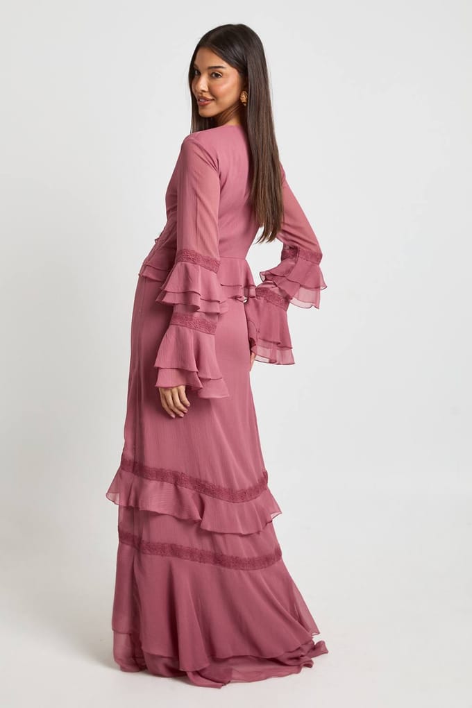 boohoo Dames Chiffon Ruches Kant Detail Maxi Jurk | Roos | Maat: 34