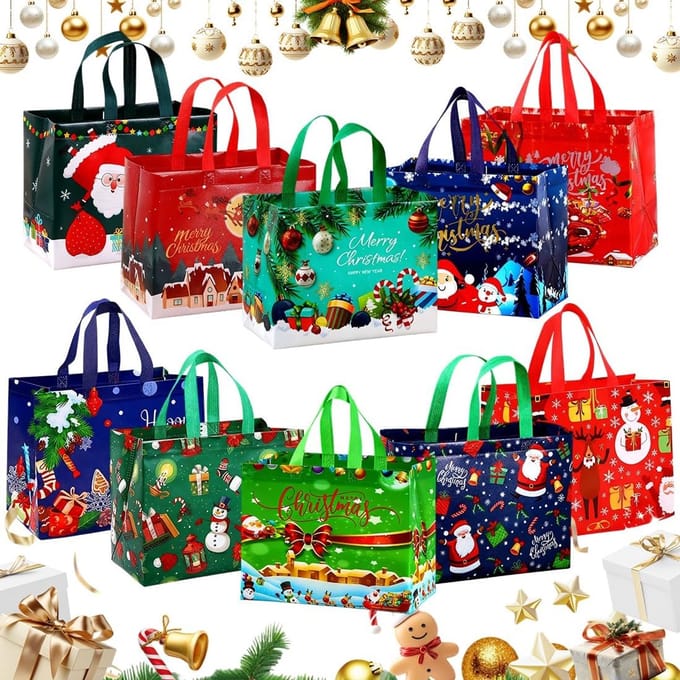 Grote Herbruikbare Kerstcadeauzakken met Handvatten - Set van 10 Stuks