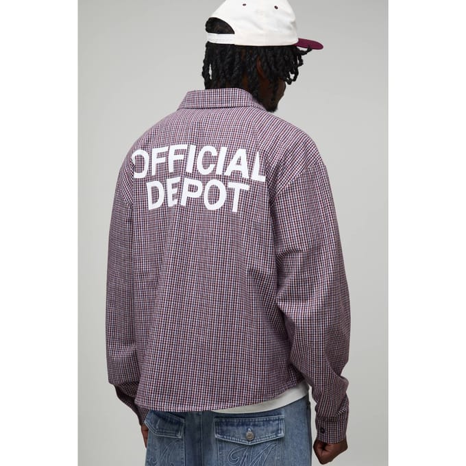 Lang oversized boxy Official Depot-print micro-ruiten overhemd | Blue | Size Medium