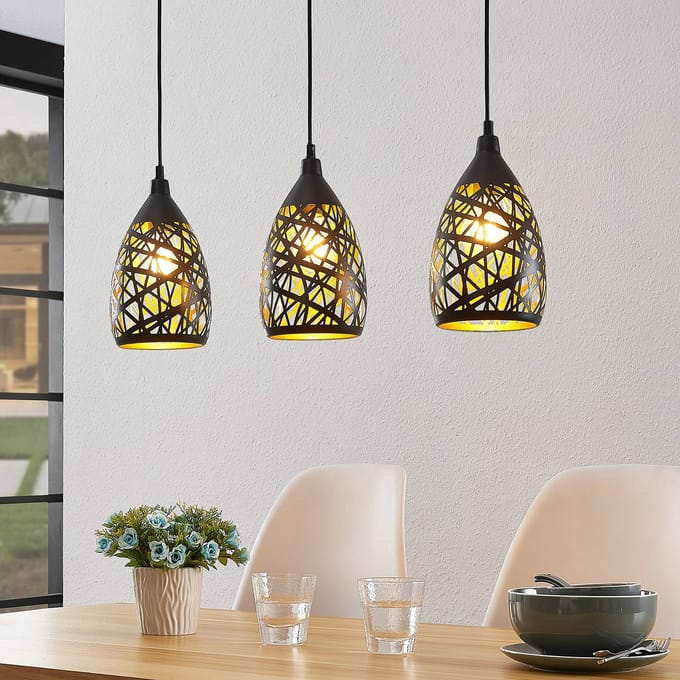 Lindby - hanglamp - 3lichts - Staal - H: 24 cm - E27 - zwart, goud