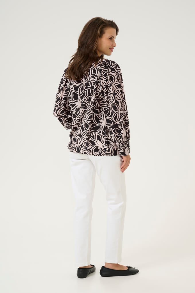 Blouse met lange mouwen Regular fit Black / Light Beige Flower floral