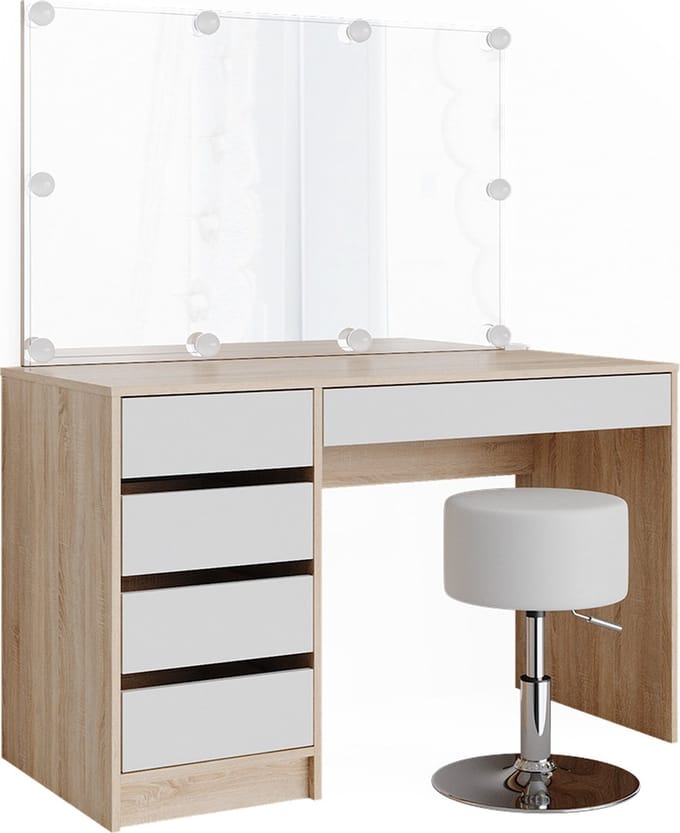 Vicco Kaptafel set met kruk Sherry, Wit/Sonoma, 120 cm met spiegel, LED-lichtslinger en kruk
