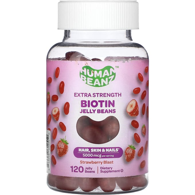 Human Beanz, Biotine Jelly Bean, Extra Kracht, Aardbeiensmaak, 2.500 mcg, 120 Jelly Beans