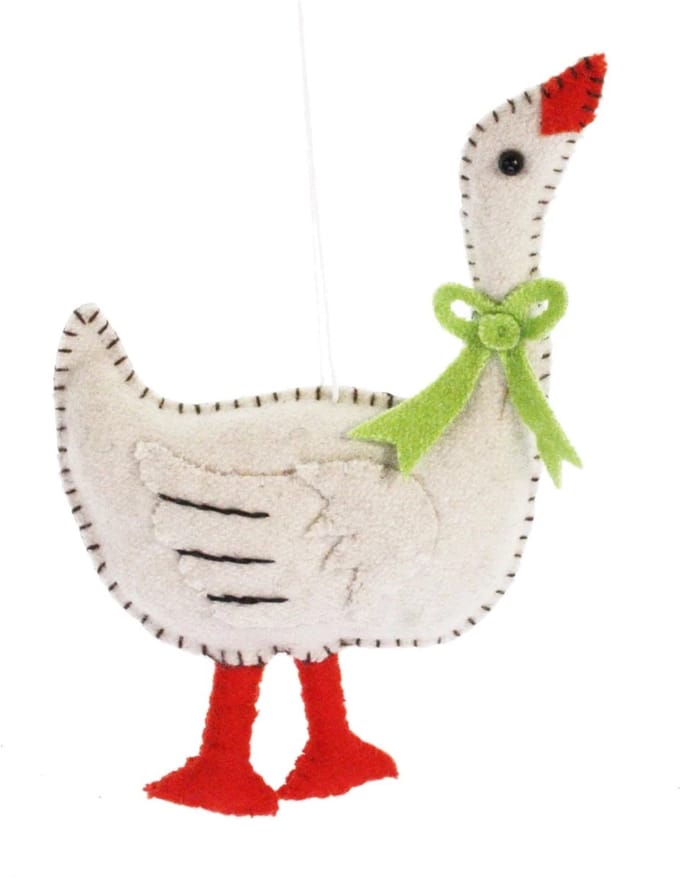 Gans wit met groene strik, vilt 9,5x2,5x13cm