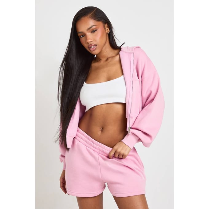 boohoo Dames Hoge taille sweatshort met intern trekkoord | Roze | Maat: Small