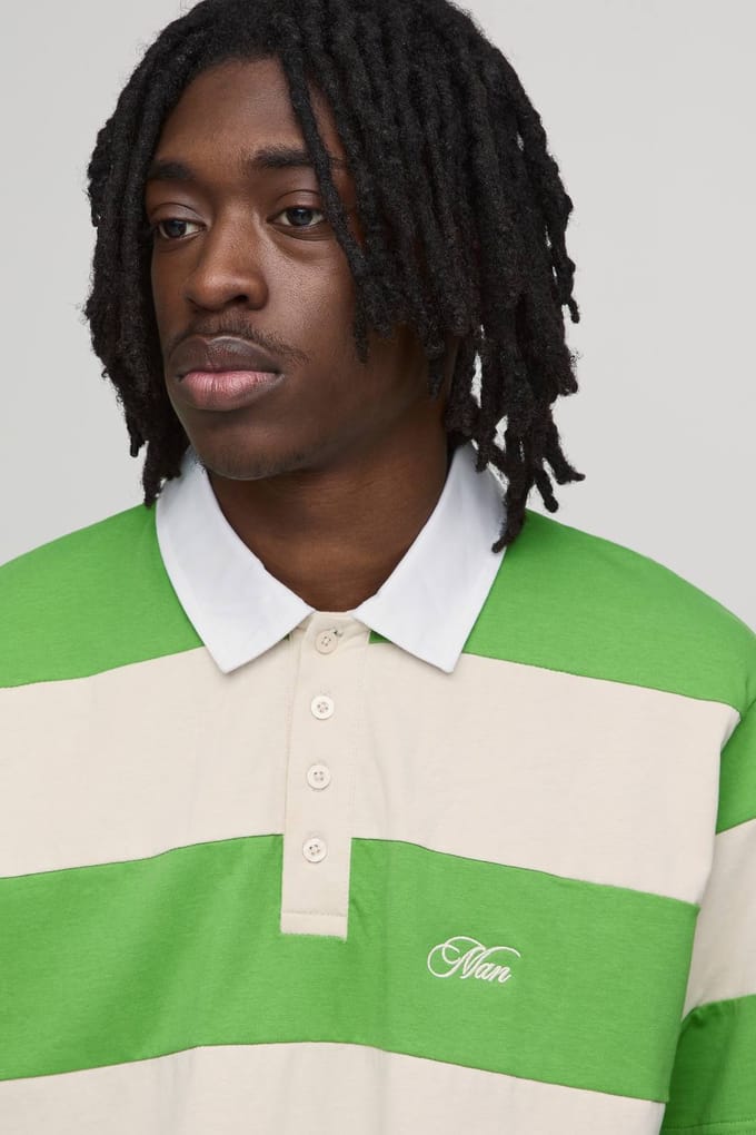Regular Fit Korte Mouw Geborduurd Gestreept Rugby Polo | Green | Size Medium
