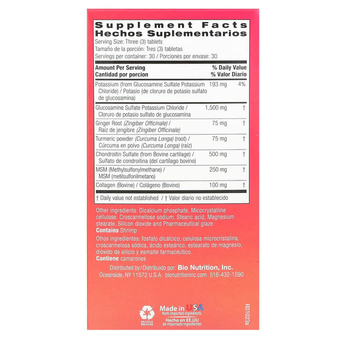 Bio Nutrition, Glucosamine/Chondroïtine/MSM Avancés & Curcuma, Gingembre & Collagène, 90 Comprimés