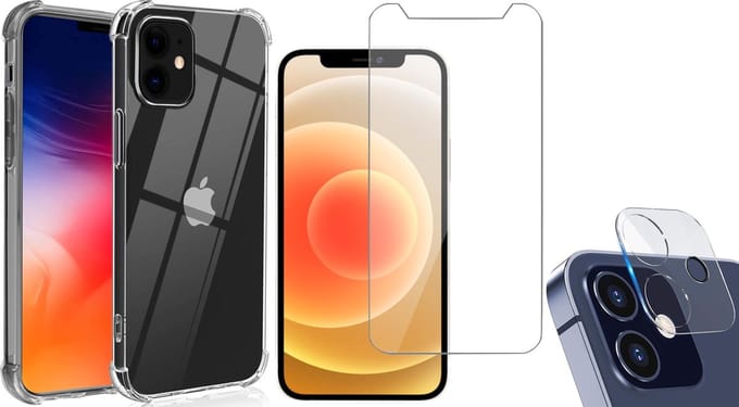 Hoesje geschikt voor iPhone 12 en Screenprotector - Transparant Siliconen Shockproof Case + Screen Protector Glas + Camera Lens Protector