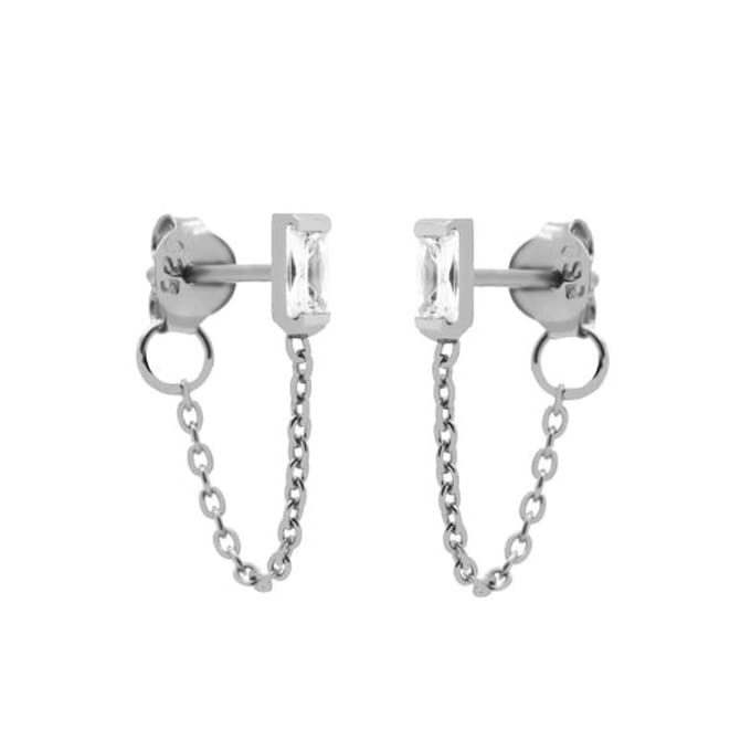 Karma Chain Oorbel White Zirconia Single Square Zilver Plated M3131