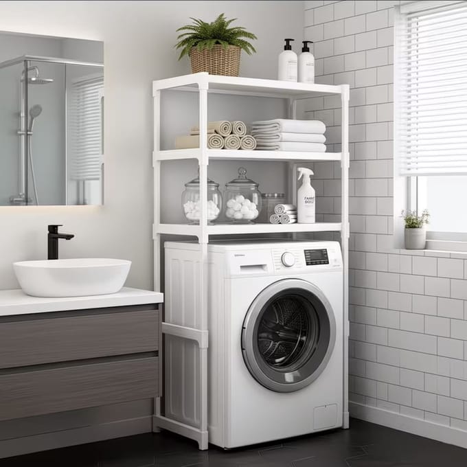 3-laags plank over de wasmachine | Ruimtebesparende organizer | Multifunctioneel metalen rek, wit, 169,2cm x 63,5 cm