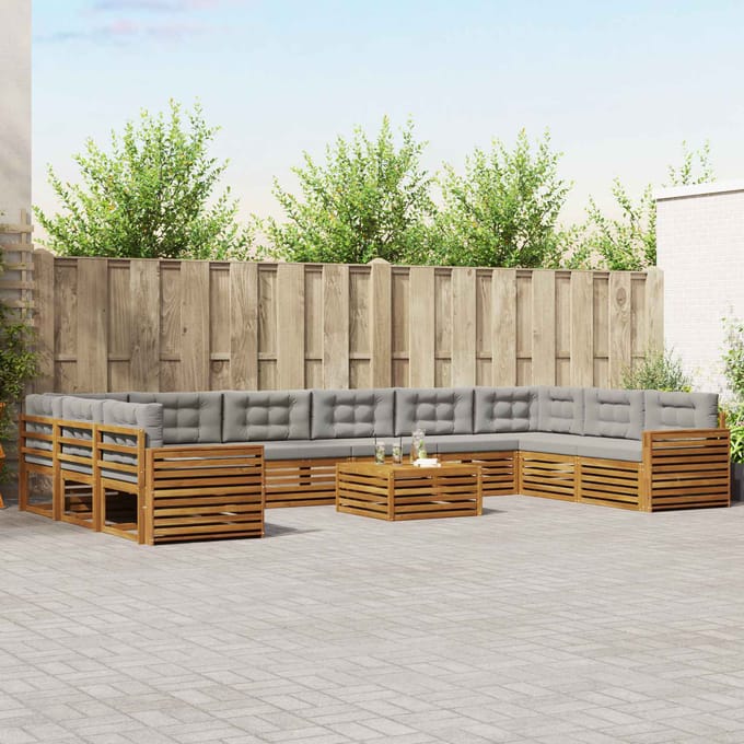 vidaXL - Sofa-Sets - 11 - st - Natuurlijk - en - Licht - Grijs - Massief - Acacia - Hout
