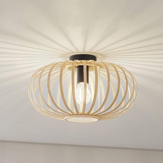 Lindby - plafondlamp hout - 1licht - Bamboe, ijzer - H: 20 cm - E27 - natuurlijk bamboe, zwart
