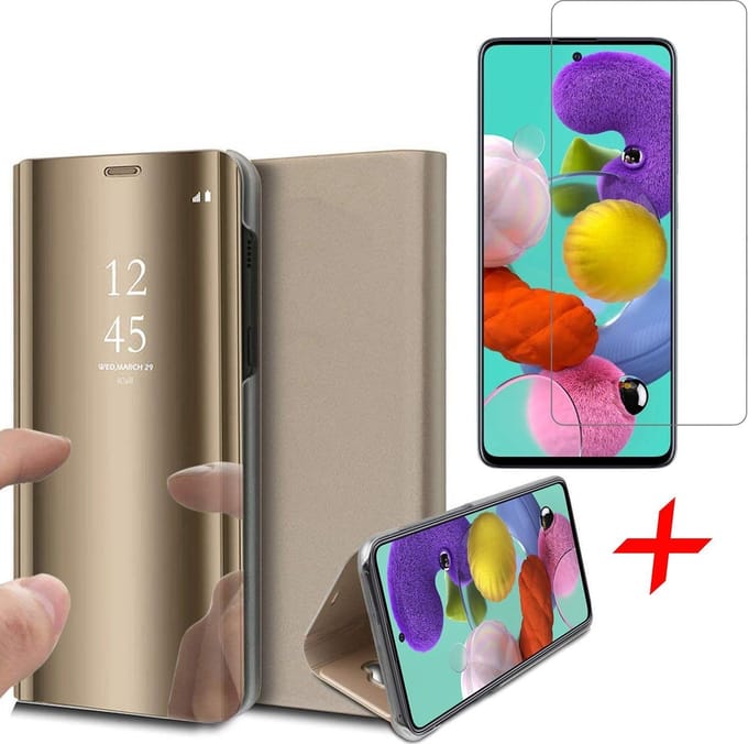 Hoesje geschikt voor Samsung Galaxy A51 - Screen Protector GlassGuard - Book Case Spiegel Goud & Screenprotector