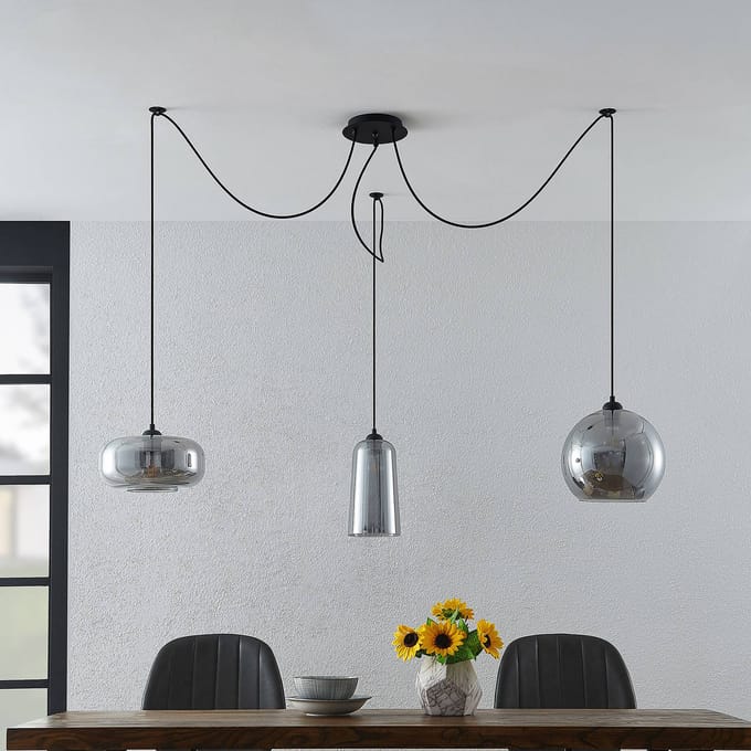 Hanglamp Lucande Zyli, 3-lamps, rookgrijs, glas