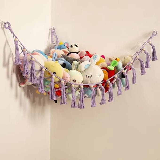 Opbergnet voor knuffels en speelgoed, macramé hangmat voor kinderkamer