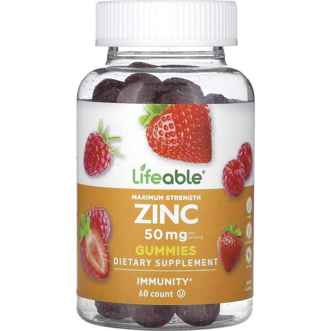 Lifeable, Gommes de zinc à concentration maximale, baie, 50 mg, 60 gommes (25mg par gummie)