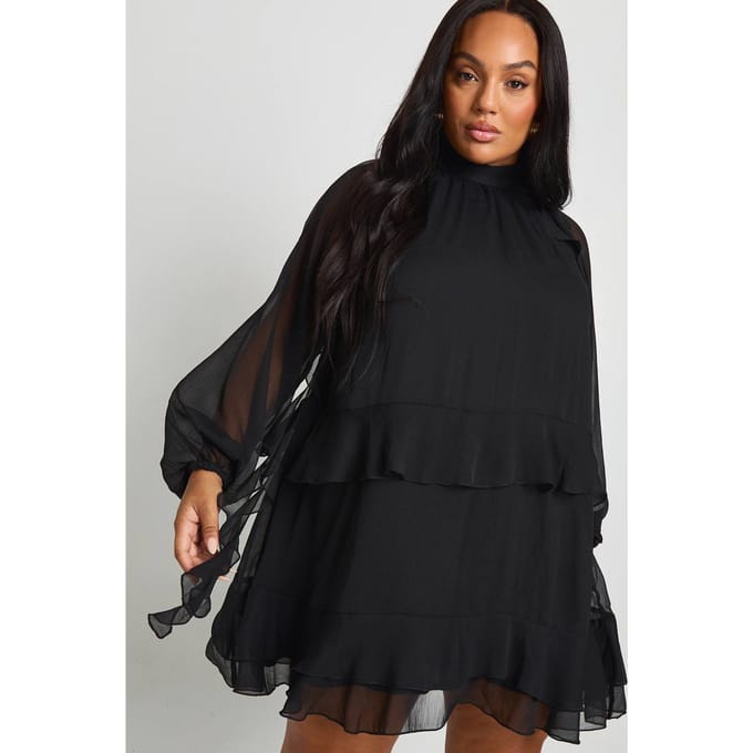 boohoo Dames Plus chiffon smockjurk met ruches | Zwart | Maat: 46