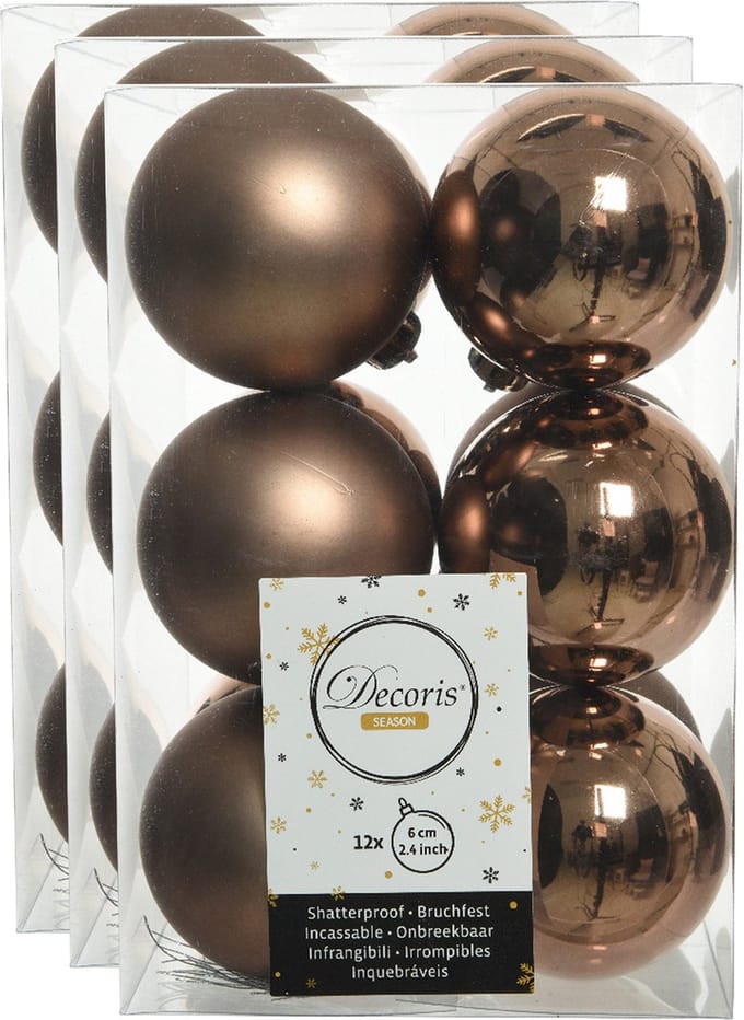 Decoris kerstballen - 36x st - walnoot bruin - D6 cm - kunststof - mat/glans - kerstversiering
