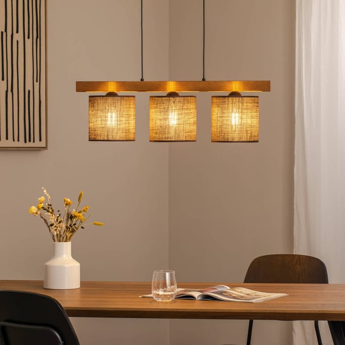 Duolla Hanglamp Forest, hout licht/zwart, jute bruin, 3-lamps