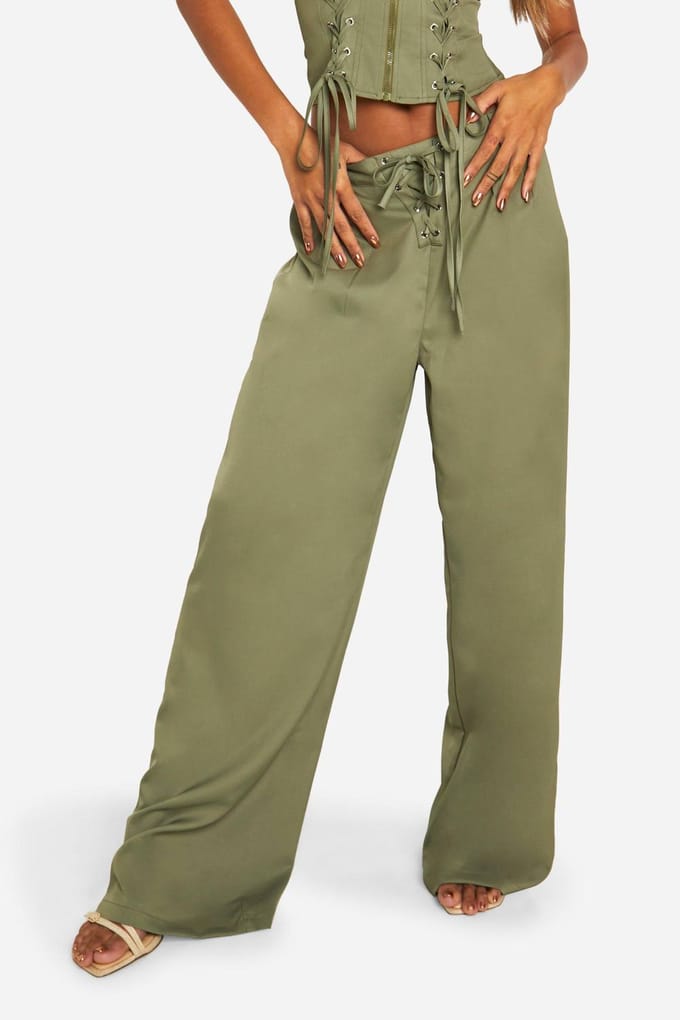 boohoo Dames Lace Up Detail Trouser | Kaki | Maat: 34