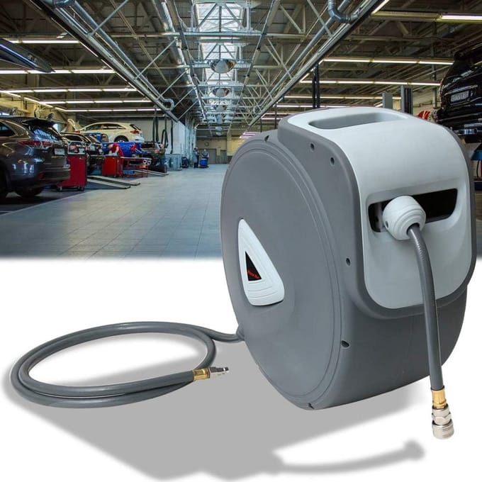 Persluchtslang Haspel - Slanghaspel Compressor - Werkplaats Organiseren - Automatisch Oprolbaar - 30 meter - Grijs