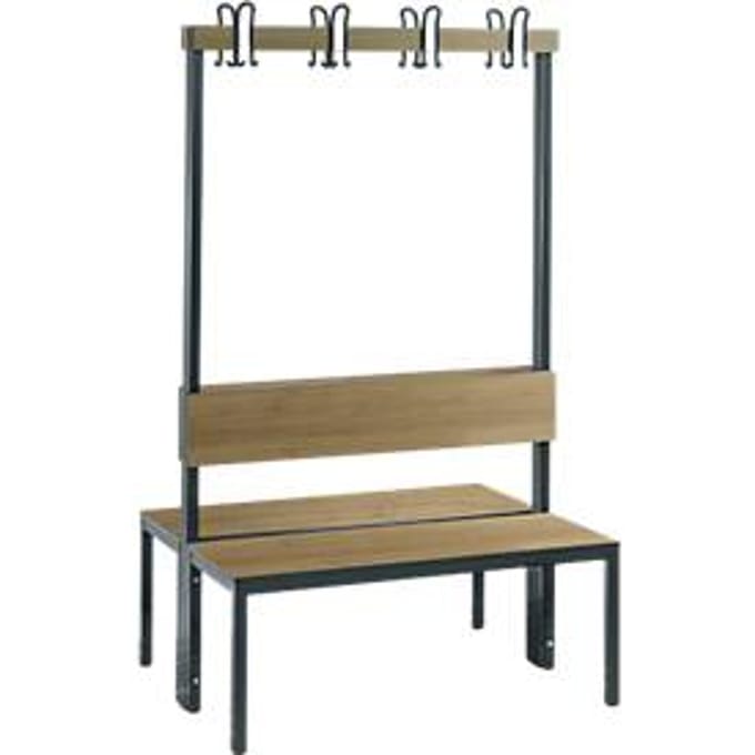 Garderobebank Basic Plus, 2-zijdig, rugleuning, zonder schoenenrek, pootstel zwart-grijs RAL 7021, B 1000 mm, decor eik Ser.