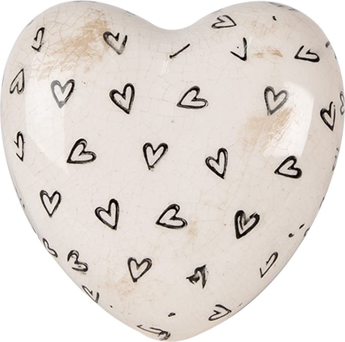 Clayre & Eef Decoratie Hart 11x11x4 cm Beige Zwart Keramiek Hartjes