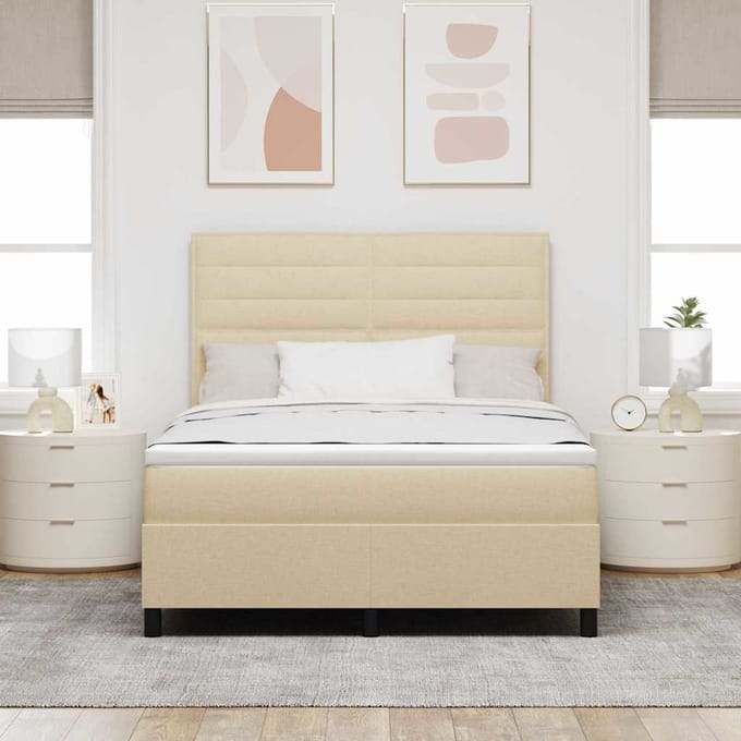 vidaXL - Boxspring - bed - met - matras - met - hoofdeinde - Crème - 140 - x - 190 - cm - Stof