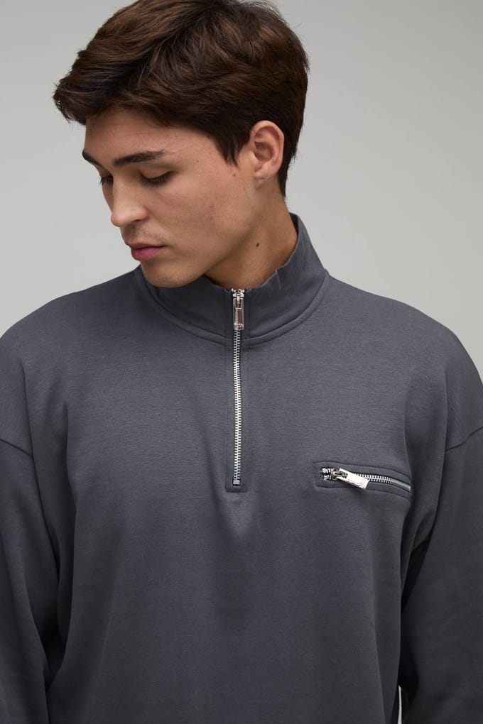 Oversized Boxy Quarter Zip Funnel Neck Loopback Sweatshirt And Short Set | Charcoal | Size Medium